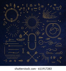 Flat design elements in vintage style drawing with gold lines on blue background
