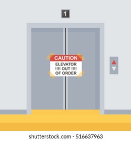 Flat design elevator doors icon, vector illustration with sign out of order.