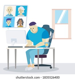 Diseño plano de un empleado que trabaja desde casa durante la pandemia del covid-19, y su uso de su computadora para videollamadas o conferencias con sus colegas para una reunión virtual