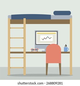 Flat Design Empty Bunk Bed With Workspace Vector Illustration