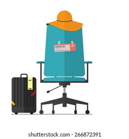 Flat design of empty office chair with fight ticket. Boss or Employee have a vacation. Vector. Illustration.