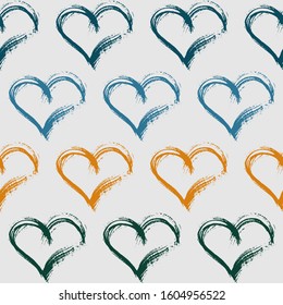 Flat design endless chaotic texture made of tiny heart silhouettes. Abstract seamless pattern with hearts, urban elements, drops, brush, lines stars, sprays.