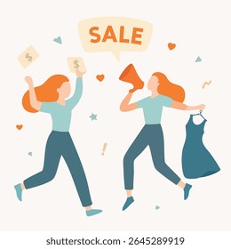 Flat Design Energetic Women Announcing Sale with Megaphone and Dress Illustration