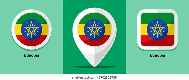 Flat Design Ethiopia Flag Map Round and square on green background