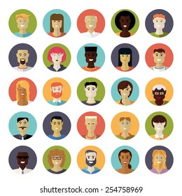 Flaches Design Alltagsleute Avatar Vector Icon Set. Sammlung von 25 verbreiteten Avatar-Symbolen in Kreisen.