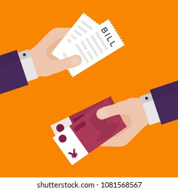 Flat Design of Exchange Bill and  Chinese Euros. Hand Holding Yuans and Paying Bills. Business idea concept. Isolated Vector illustration
