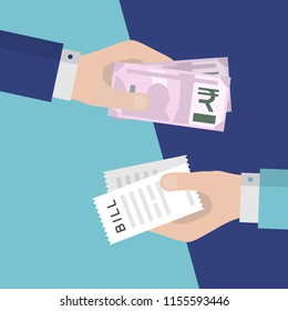 Flat Design of Exchange Bill and  Indian Rupees. Hand Holding  Rupees and Paying Bills. Business idea concept. Isolated Vector illustration