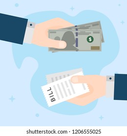 Flat Design of Exchange Bill and  Indian Rupees. Hand Holding  Rupees and Paying Bills. Business idea concept. Isolated Vector illustration