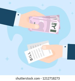 Flat Design of Exchange Bill and  Indian Rupees. Hand Holding  Rupees and Paying Bills. Business idea concept. Isolated Vector illustration