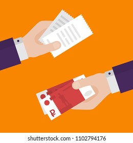 Flat Design of Exchange Bill and  Russian Rubles. Hand Holding Rubles and Paying Bills. Business idea concept. Isolated Vector illustration