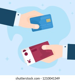 Flat Design of Exchange Card and Cash in Chinese Yuans. Hand Holding Credit Card  and Getting Money. Business idea concept. Isolated Vector illustration