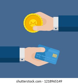 Flat Design of Exchange Card and Cash in Monero Gold Coin. Hand Holding Credit Card  and Getting Cryptocurrency Gold Coin. Business idea concept. Isolated Vector illustration