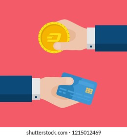 Flat Design of Exchange Card and Dash Coin. Hand Holding Credit Card  and Getting Cryptocurrency Gold Coin. Business idea concept. Isolated Vector illustration
