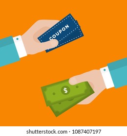 Flat Design of Exchange Coupon and Dollars. Hand Holding Banknotes and Getting Coupons. E-commerce Business Idea concept. Isolated Vector illustration