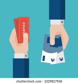 Flat Design of Exchange Coupon and Euros. Hand Holding Banknotes and Getting Coupons. E-commerce Business Idea concept. Isolated Vector illustration