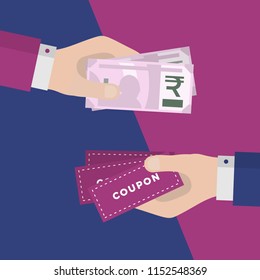 Flat Design of Exchange Coupon and Indian Rupees. Hand Holding Banknotes and Getting Coupons. E-commerce Business Idea concept. Isolated Vector illustration