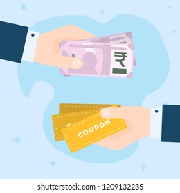 Flat Design of Exchange Coupon and Indian Rupees. Hand Holding Banknotes and Getting Coupons. E-commerce Business Idea concept. Isolated Vector illustration