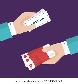 Flat Design of Exchange Coupon and Russian Rubles. Hand Holding Banknotes and Getting Coupons. E-commerce Business Idea concept. Isolated Vector illustration