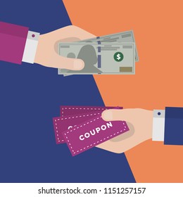 Flat Design of Exchange Coupon and US Dollars. Hand Holding Banknotes and Getting Coupons. E-commerce Business Idea concept. Isolated Vector illustration