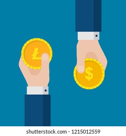 Flat Design of Exchange Dollar Gold Coin and  Litecoin. Hands Holding Crypto Currency Coins. Crypto Currency Business Idea Concept Isolated Vector illustration