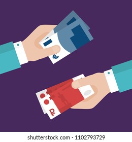 Flat Design of Exchange Dollar and Rubles. One Hand Holding Dollars and Another One Holding Russian Rubles. Business idea concept. Isolated Vector illustration