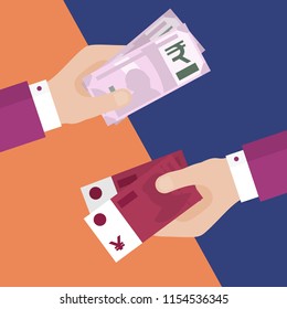 Flat Design of Exchange Dollar and Yuan. One Hand Holding Indian Rupees and Another One Holding Chinese Yuans. Business idea concept. Isolated Vector illustration