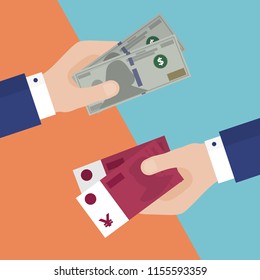 Flat Design of Exchange Dollar and Yuan. One Hand Holding Dollars and Another One Holding Chinese Yuans. Business idea concept. Isolated Vector illustration