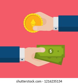 Flat Design of Exchange Dollars and  Ethereum Gold Coin. Hands Holding Banknotes and Crypto Currency Coin. Crypto Currency Business Idea Concept Isolated Vector illustration