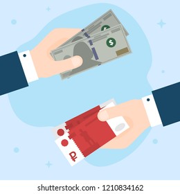 Flat Design of Exchange Dollars and  Rubles. Hands Holding Money in Different Currencies. Business Idea concept. Isolated Vector illustration on Blue Abstract Background
