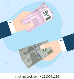 Flat Design of Exchange Dollars and  Rupees. Hands Holding Money in Different Currencies. Business Idea concept. Isolated Vector illustration on Blue Abstract Background