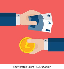 Flat Design of Exchange Euros and  Litecoin. Hands Holding Banknotes and Crypto Currency Coin. Crypto Currency Business Idea Concept Isolated Vector illustration