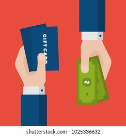 Flat Design of Exchange Gift Cards and Dollars. Hand Holding Momey and Getting Gift Card. Business Shopping Idea concept. Isolated Vector illustration