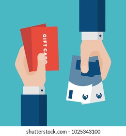 Flat Design of Exchange Gift Cards and Euros. Hand Holding Euros and Getting Gift Card. Business Shopping Idea concept. Isolated Vector illustration