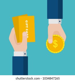 Flat Design of Exchange Gift Cards and Gold Coin. Hand Holding Gold Coin and Getting Gift Card. Business Shopping Idea concept. Isolated Vector illustration