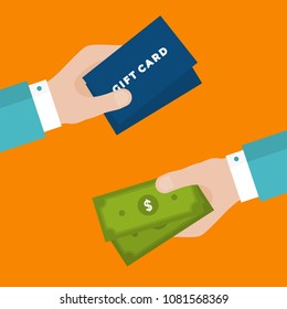 Flat Design of Exchange Gift Cards and Dollars. Hand Holding Dollars and Getting Gift Card. Business Shopping Idea concept. Isolated Vector illustration