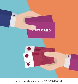 Flat Design of Exchange Gift Cards and Chinese Yuans. Hand Holding Banknotes and Getting Gift Card. Business Shopping Idea concept. Isolated Vector illustration