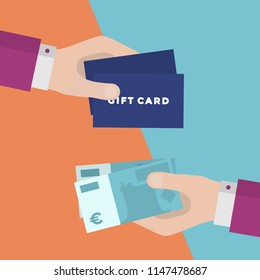Flat Design of Exchange Gift Cards and Euros. Hand Holding Banknotes and Getting Gift Card. Business Shopping Idea concept. Isolated Vector illustration