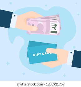 Flat Design of Exchange Gift Cards and Dollars. Hand Holding Banknotes and Getting Gift Card. Business Shopping Idea concept. Isolated Vector illustration