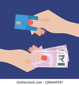 Flat Design of Exchange Gift Cards and Rupees. Women Hand Holding Rupee Banknotes and Getting Gift Card. Business Shopping Idea concept. Isolated Vector illustration 
