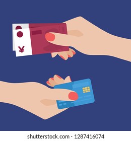 Flat Design of Exchange Gift Cards and Yuans. Women Hand Holding Yuan Banknotes and Getting Gift Card. Business Shopping Idea concept. Isolated Vector illustration 