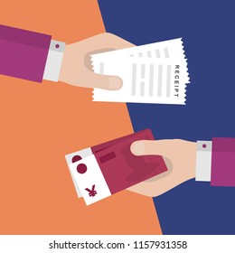 Flat Design of Exchange Receipt and  Chinese Yuans. Hand Holding Euros and Getting Receipt. Business idea concept. Isolated Vector illustration