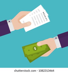 Flat Design of Exchange Receipt and  Dollars. Hand Holding Dollars and Getting Receipt. Business idea concept. Isolated Vector illustration