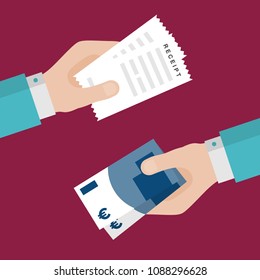 Flat Design of Exchange Receipt and  Euros. Hand Holding Euros and Getting Receipt. Business idea concept. Isolated Vector illustration