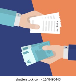 Flat Design of Exchange Receipt and  Euros. Hand Holding Euros and Getting Receipt. Business idea concept. Isolated Vector illustration