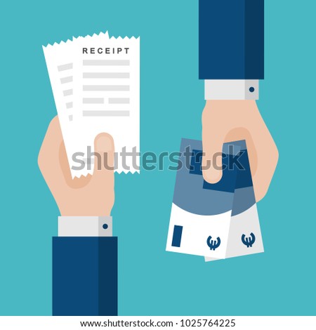 Flat Design of Exchange Receipt and  Euros. Hand Holding Euros and Getting Receipt. Business idea concept. Isolated Vector illustration