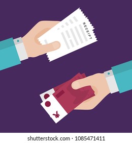 Flat Design of Exchange Receipt and  Yuans. Hand Holding Chinese Yuans and Getting Receipt. Business idea concept. Isolated Vector illustration