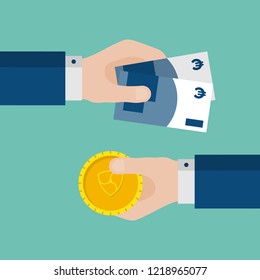 Flat Design of Exchange Rupees and  Rubles. Hands Holding Banknotes and Crypto Currency Coin. Crypto Currency Business Idea Concept Isolated Vector illustration