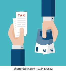 Flat Design of Exchange Tax Receipt and  Euros. Hand Holding  Euros and Paying Taxes. Business idea concept. Isolated Vector illustration
