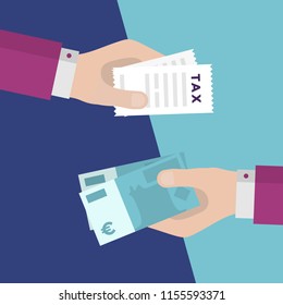 Flat Design of Exchange Tax Receipt and  Euros. Hand Holding  Banknotes and Paying Taxes. Business idea concept. Isolated Vector illustration