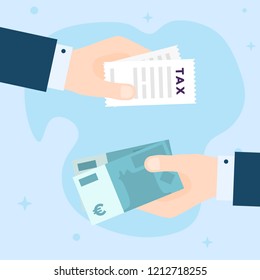 Flat Design of Exchange Tax Receipt and  Euros. Hand Holding  Banknotes and Paying Taxes. Business idea concept. Isolated Vector illustration